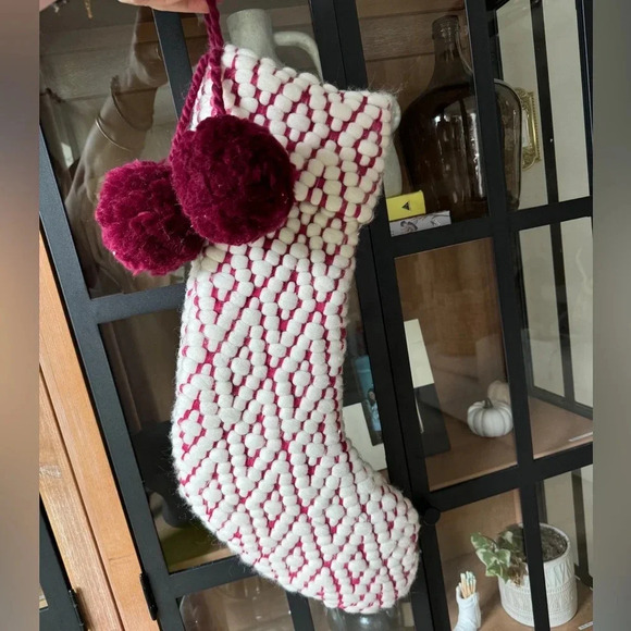 Anthropologie Holidays Stocking Wilma Christmas home decor wool Raspberry pompom - Picture 1 of 5